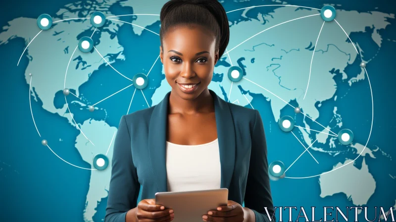 Young Woman with Tablet in Front of World Map AI Image
