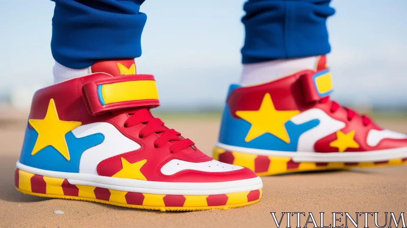Colorful High-Top Sneakers on Sandy Surface AI Image
