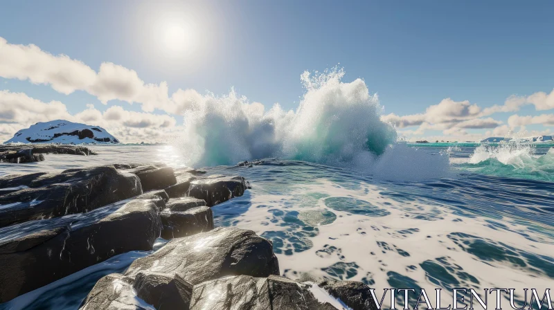 Crashing Wave on Rocky Shore AI Image