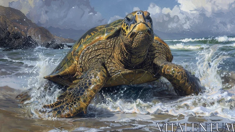 AI ART Green Sea Turtle on Beach - Wildlife Photography