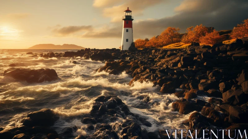 Serene Sunset: White Lighthouse on Rocky Island AI Image