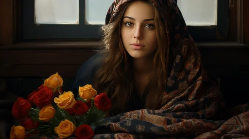 Serious Woman Portrait with Floral Headscarf