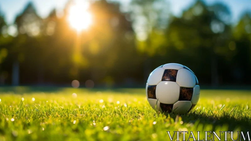 Soccer Ball on Green Field with Forest Background AI Image