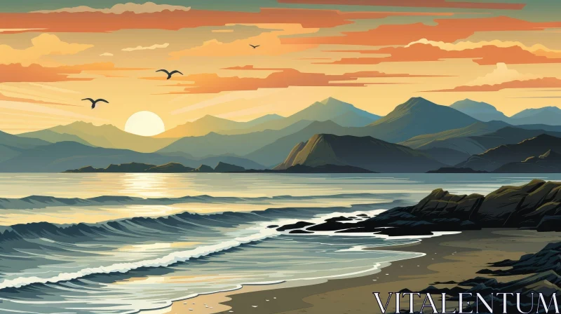 Tranquil Beach Sunset Landscape AI Image