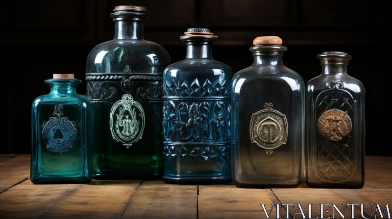 AI ART Vintage Glass Bottle Collection on Wooden Table