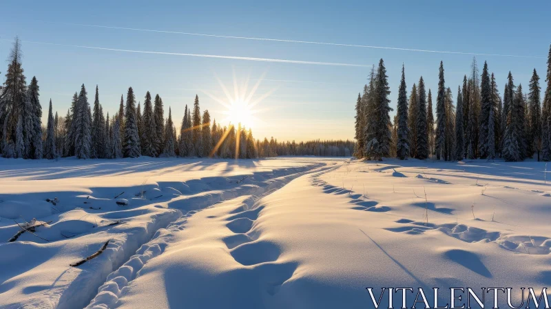 Winter Landscape with Shining Sun and Snow-Covered Trees AI Image