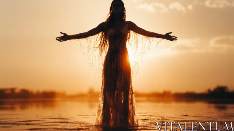 Woman in White Dress Standing in Calm Water at Sunset AI Image
