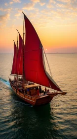 Wooden Sailing Ship with Red Sails Gliding at Sunset