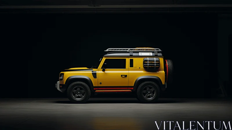 Yellow Land Rover in Dark Room with Bold Structural Designs - Artwork AI Image
