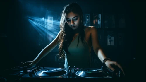 Young Female DJ Mixing Music at Turntable