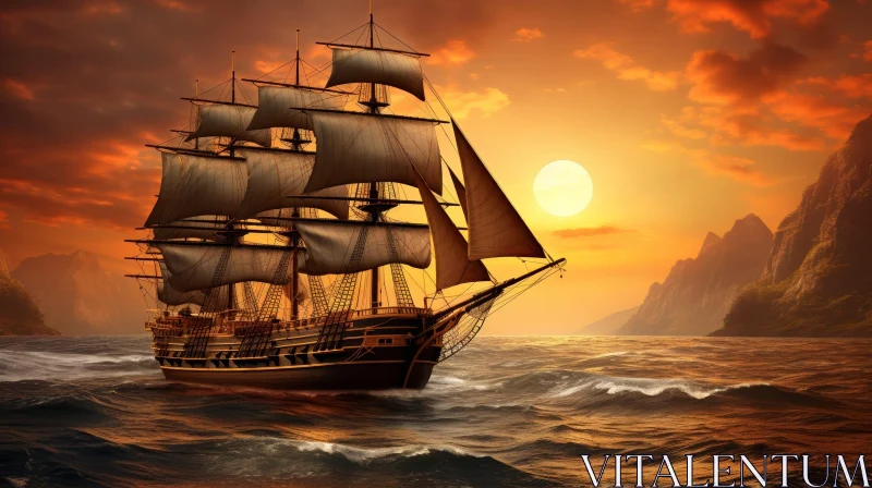 Black Ship Sailing on Rough Sea Digital Painting AI Image
