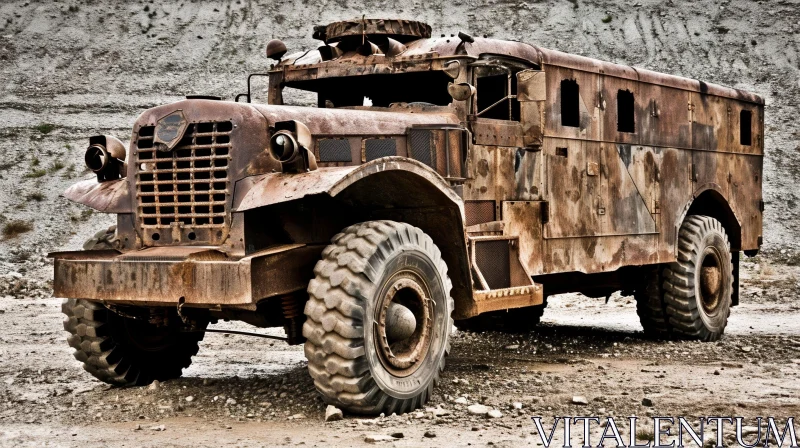 Forgotten Relics: Abandoned Rusty Military Truck in Desolate Junkyard AI Image
