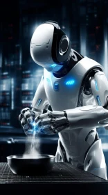 Futuristic Robot Pouring White Powder - City Background