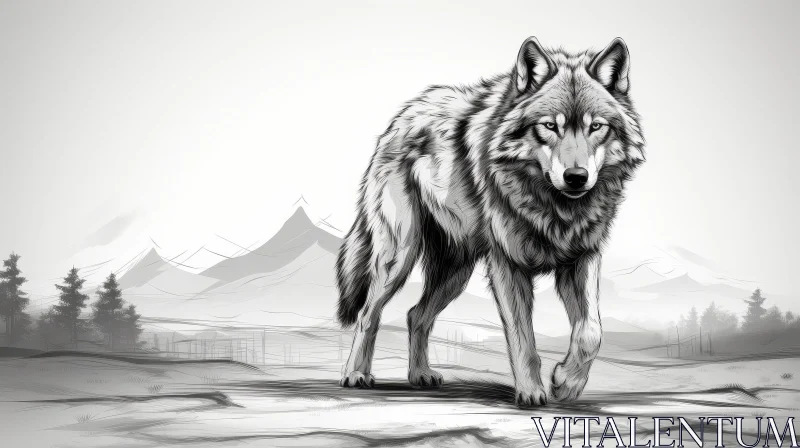Intense Wolf Digital Drawing in Nature AI Image