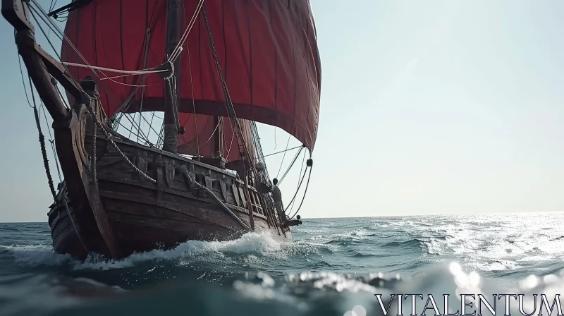 Majestic Wooden Sailing Ship with Red Sails in Open Ocean AI Image