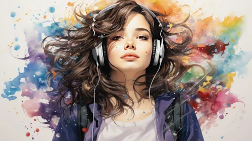 Serious Young Woman Portrait with Headphones and Watercolor Background