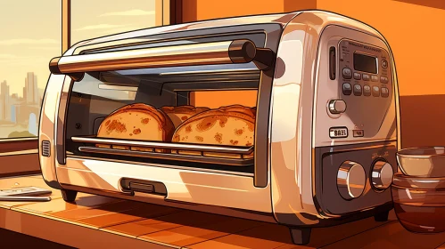 Silver Toaster Toasting Bread in Kitchen with Cityscape View