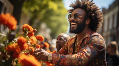 Smiling Man with Afro Hairstyle and Flowers