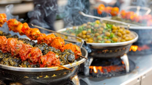 Street Food Stall with Skewers and Smoke