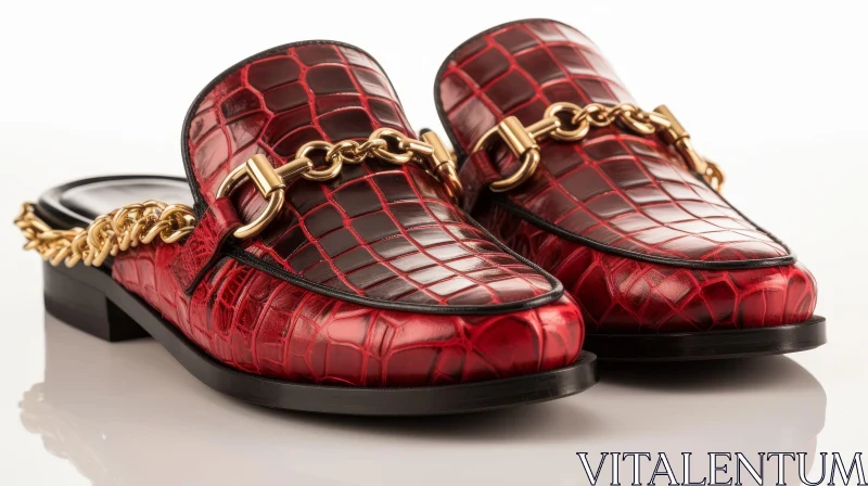Stylish Red Leather Mules with Gold Chain Detail AI Image