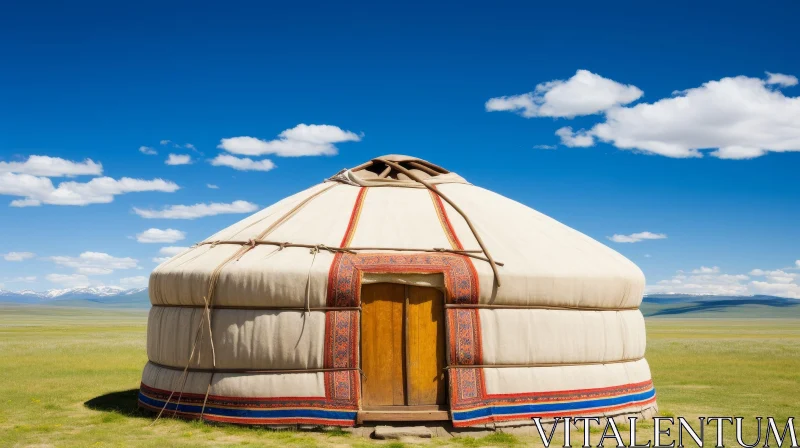 AI ART Tranquil Mongolian Yurt in Steppe with Snow-Capped Mountains