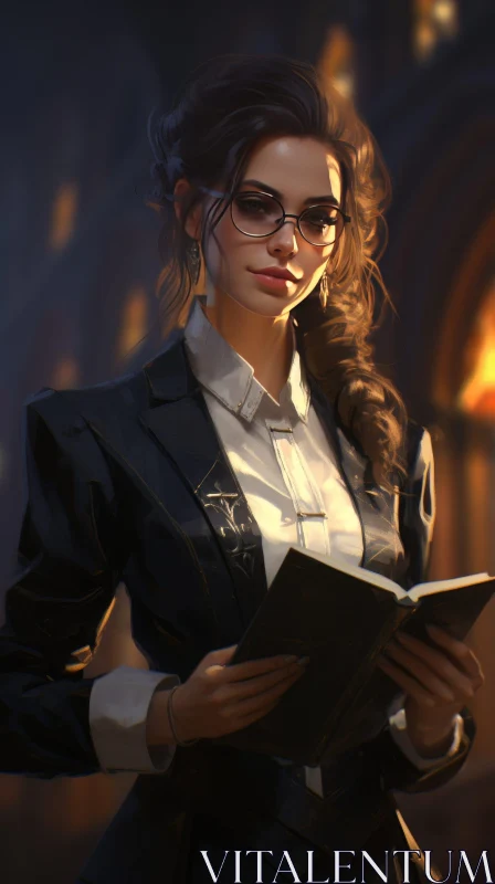 AI ART Young Woman in Black Suit with Book