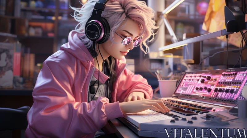 Young Woman Working on Music Synthesizer at Desk AI Image