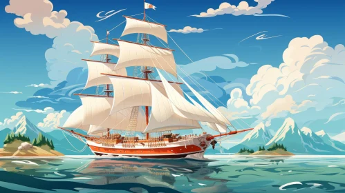 Cartoon Ship Sailing on Calm Sea with Lion Figurehead
