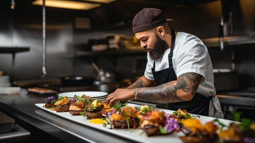 Culinary Delight: Bearded Chef Creating Artful Dish