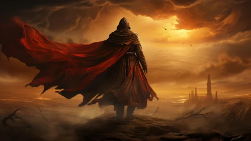 Fantasy Painting: Man in Red Cloak on Cliff in Desert AI Image