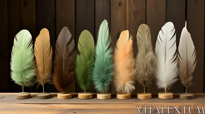Feathers in Brown Shades on Wooden Background AI Image