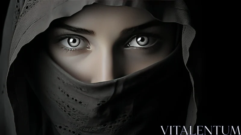 Intense Woman's Face in Black Hijab AI Image