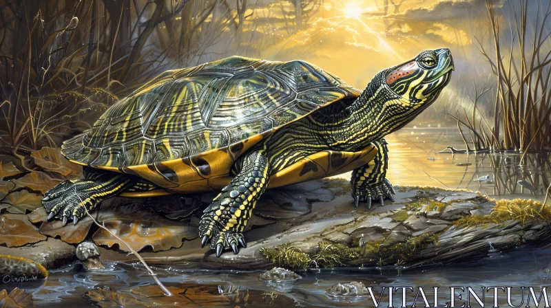 Realistic Turtle Painting in Pond AI Image