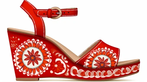 Red Leather Wedge Sandals with Floral Pattern - Fashion Illustration