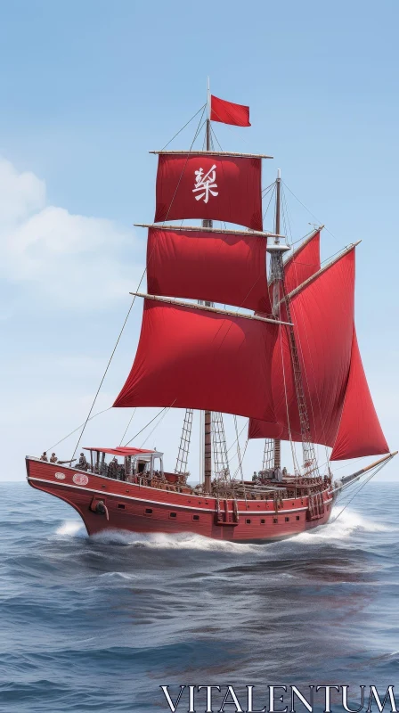 AI ART Red Ship Sailing on Open Ocean Waves