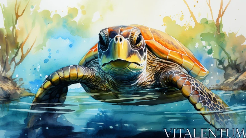 Sea Turtle Watercolor Painting in Ocean AI Image