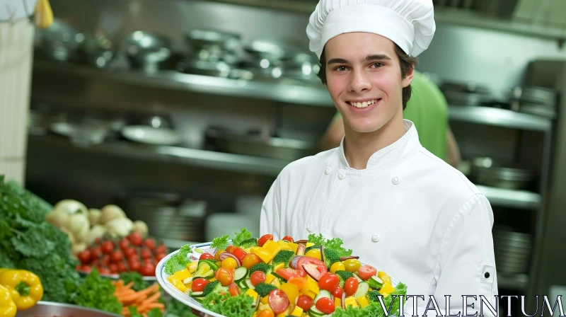 Smiling Male Chef with Fresh Vegetables in Commercial Kitchen AI Image