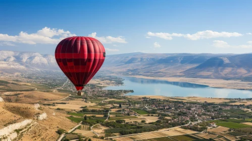 Tranquil Hot Air Balloon Ride Over Lake and Mountains