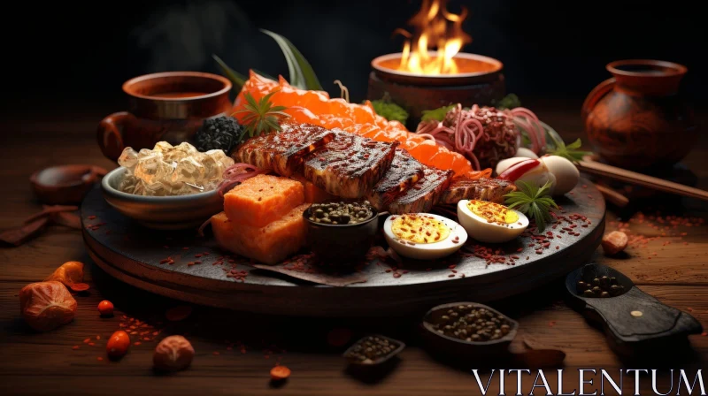 Wooden Plate Food Still Life with Fire Background AI Image