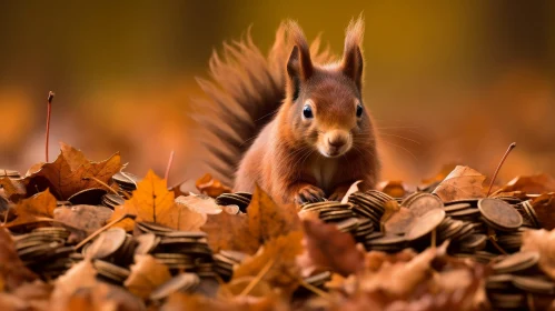 Curious Red Squirrel on Fallen Leaves