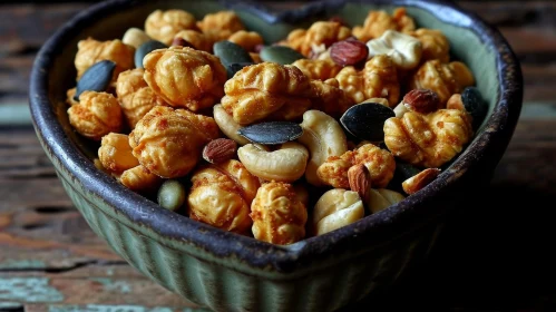 Delicious Caramel Popcorn with Nuts in Heart-Shaped Bowl