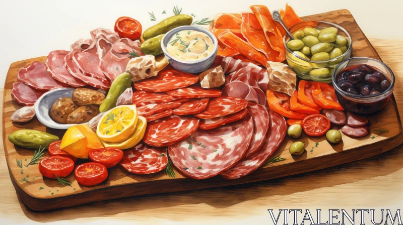 Delicious Watercolor Painting of Cured Meats and Cheeses AI Image