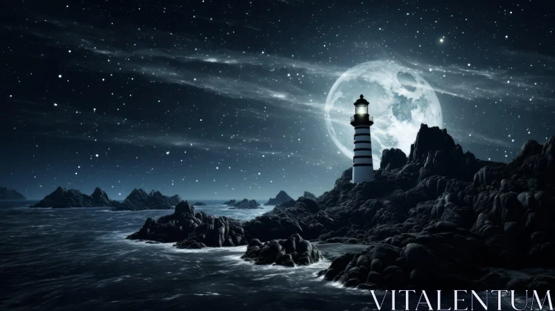 Night Landscape with Lighthouse and Full Moon AI Image