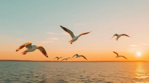 Seagulls Flying Over Calm Sea at Sunset