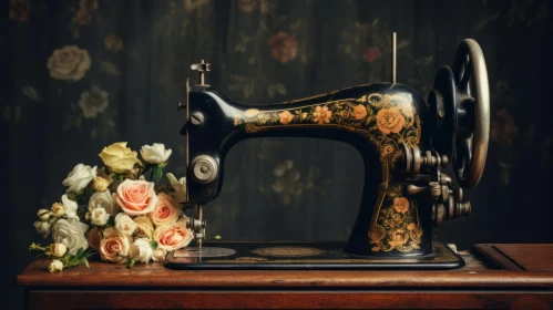 Vintage Sewing Machine and Roses on Wooden Table