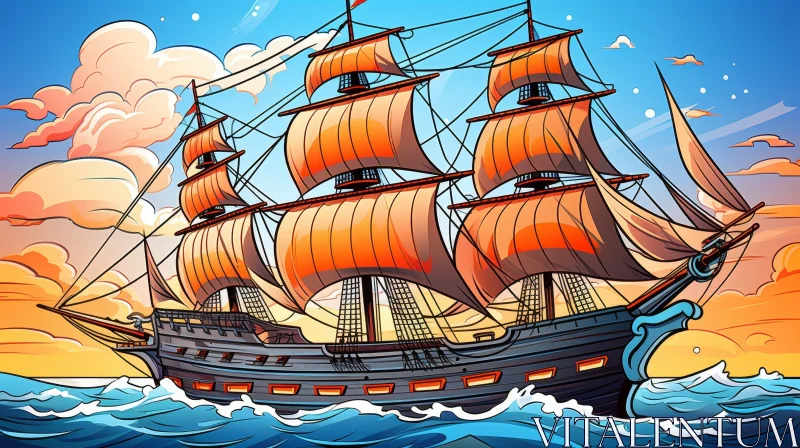 Whimsical Black Sailing Ship at Sea Illustration AI Image