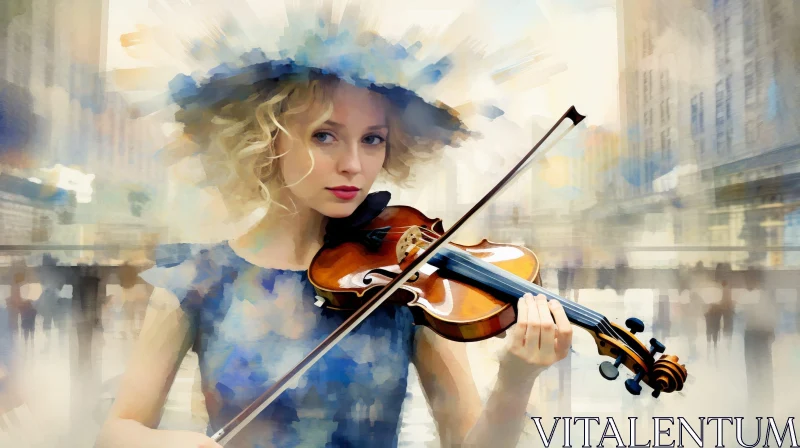 AI ART Young Woman Playing Violin in Blue Dress