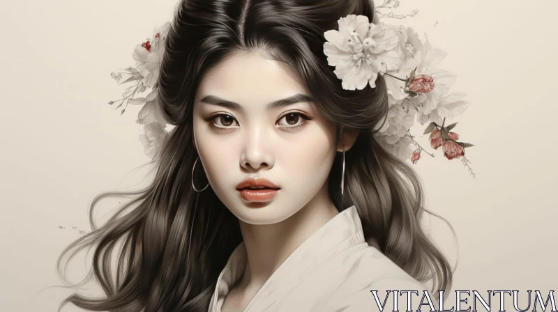 Asian Woman Portrait with White Flowers AI Image