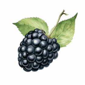 Captivating Blackberry Illustration with Green Leaves on White Background