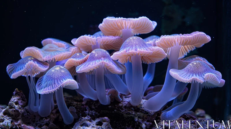 AI ART Enchanting Glowing Pink Mushrooms in Dark Underwater Setting